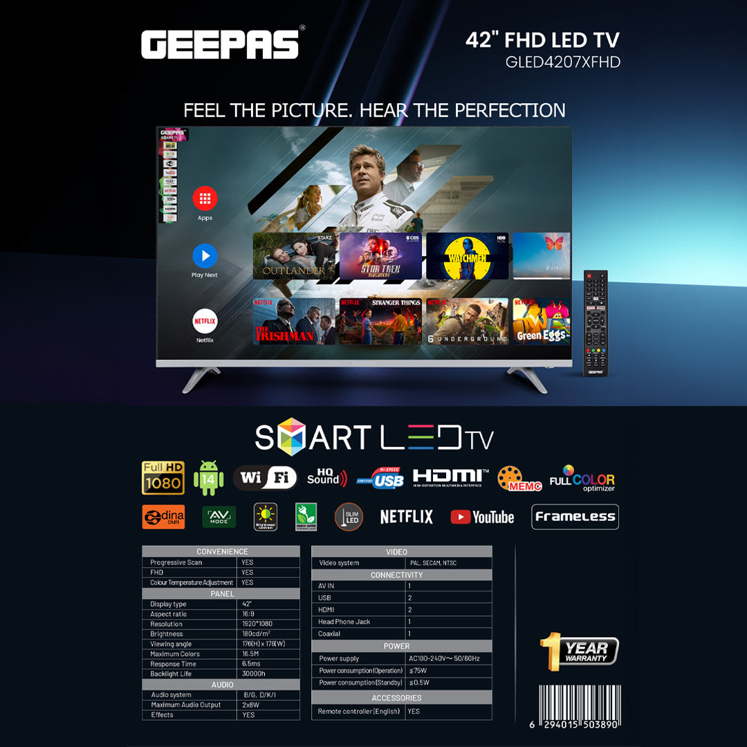Geepas GLED4207XFHD 42 Inch Full HD Smart LED TV | Android TV | Frameless Design | Built-in Wi-Fi | HQ Sound technology | Full Color Optimizer | Wide 176° viewing angle
