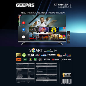 Geepas GLED4207XFHD 42 Inch Full HD Smart LED TV | Android TV | Frameless Design | Built-in Wi-Fi | HQ Sound technology | Full Color Optimizer | Wide 176° viewing angle