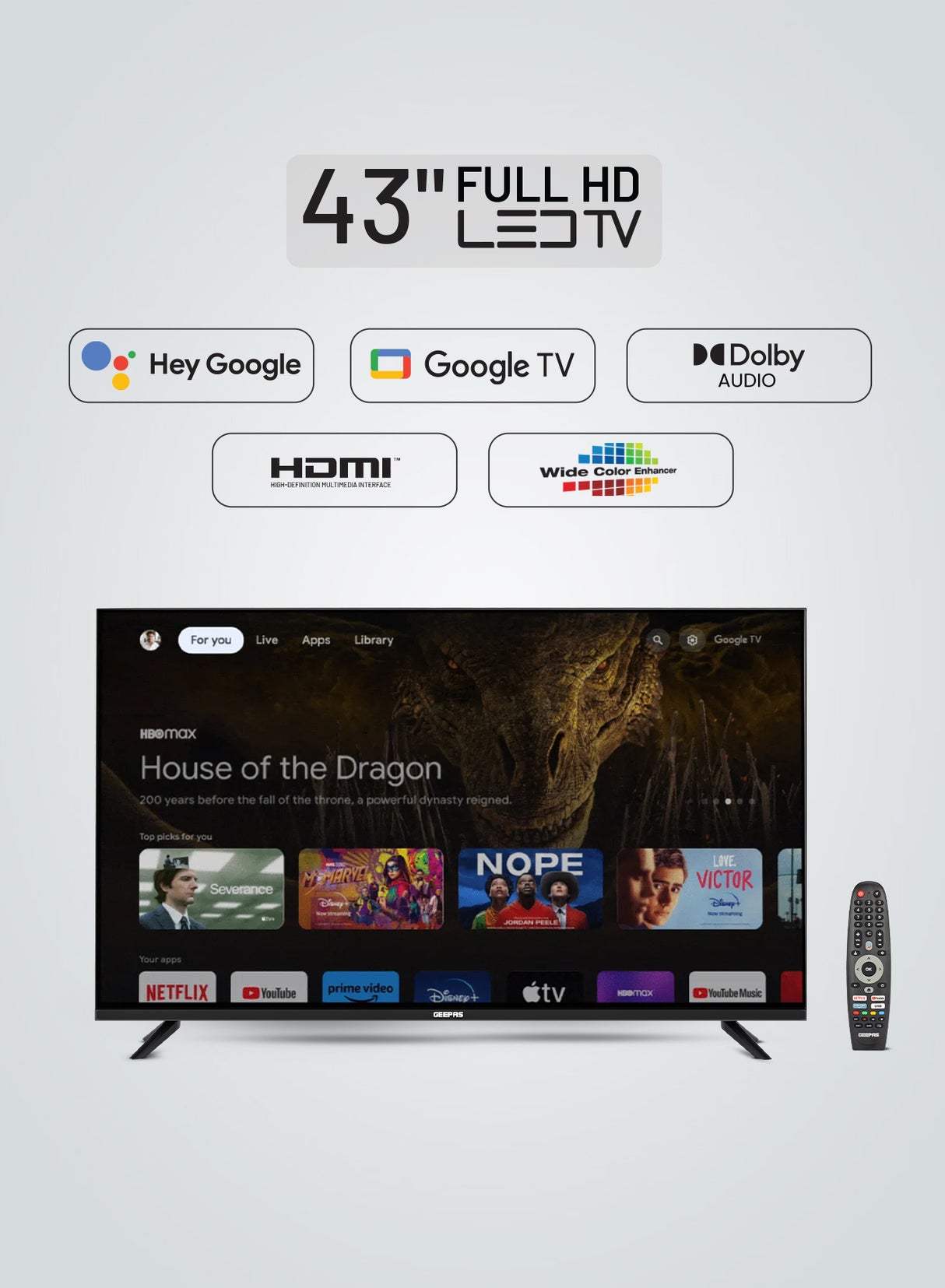 Geepas GLED4314SGXHD 43” Full HD Google TV | Smart LED TV with Chromecast| Dolby Audio| 3 HDMI| 2 USB| Wide Color Enhancer| Slim Design| 178° Viewing Angle| 2x8W Output