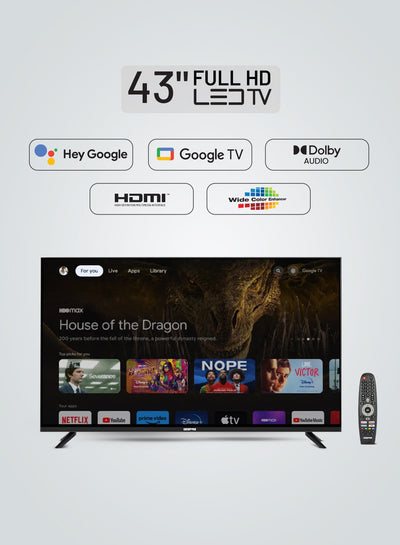 Geepas GLED4314SGXHD 43” Full HD Google TV | Smart LED TV with Chromecast| Dolby Audio| 3 HDMI| 2 USB| Wide Color Enhancer| Slim Design| 178° Viewing Angle| 2x8W Output