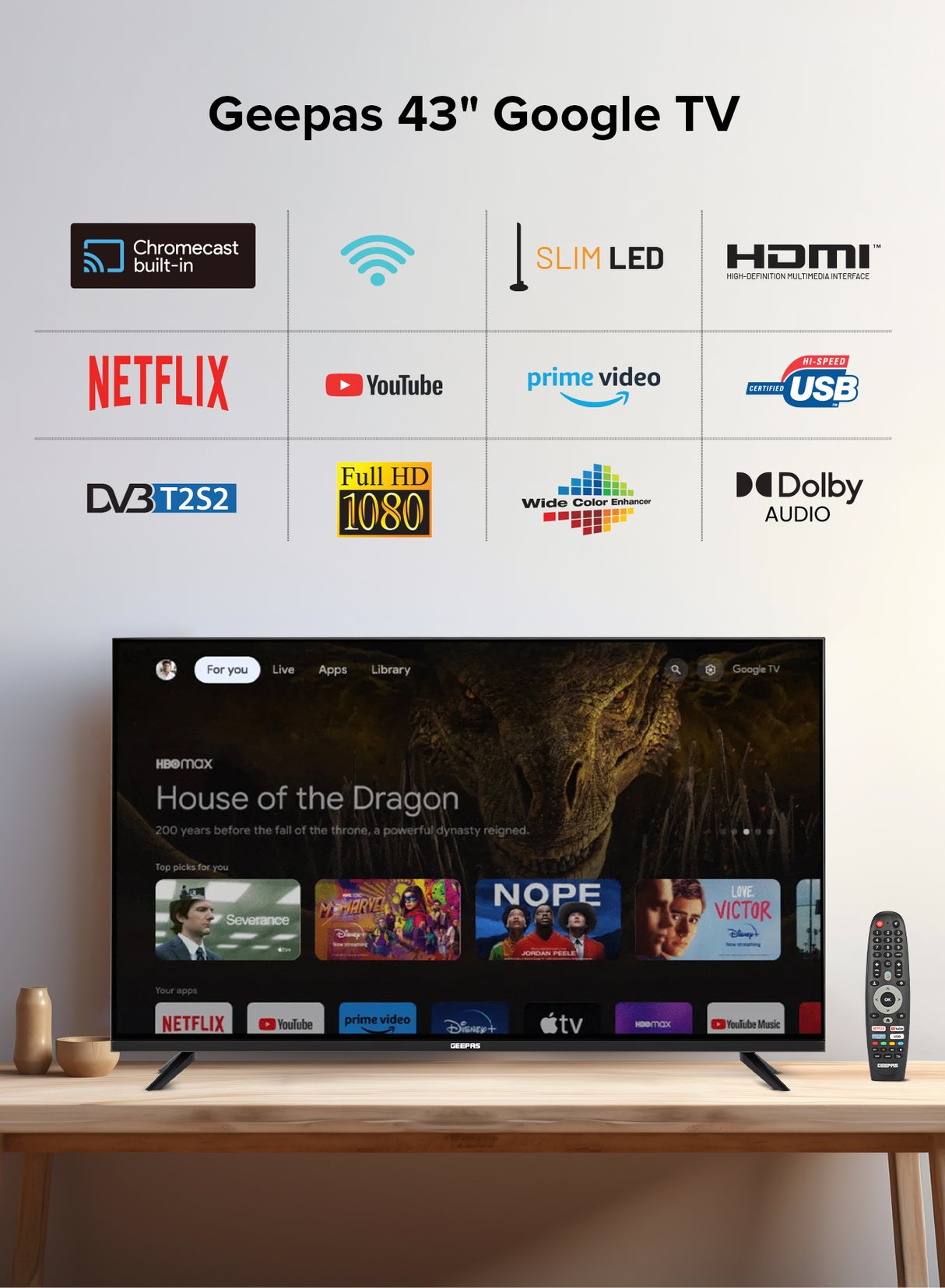 Geepas GLED4314SGXHD 43” Full HD Google TV | Smart LED TV with Chromecast| Dolby Audio| 3 HDMI| 2 USB| Wide Color Enhancer| Slim Design| 178° Viewing Angle| 2x8W Output
