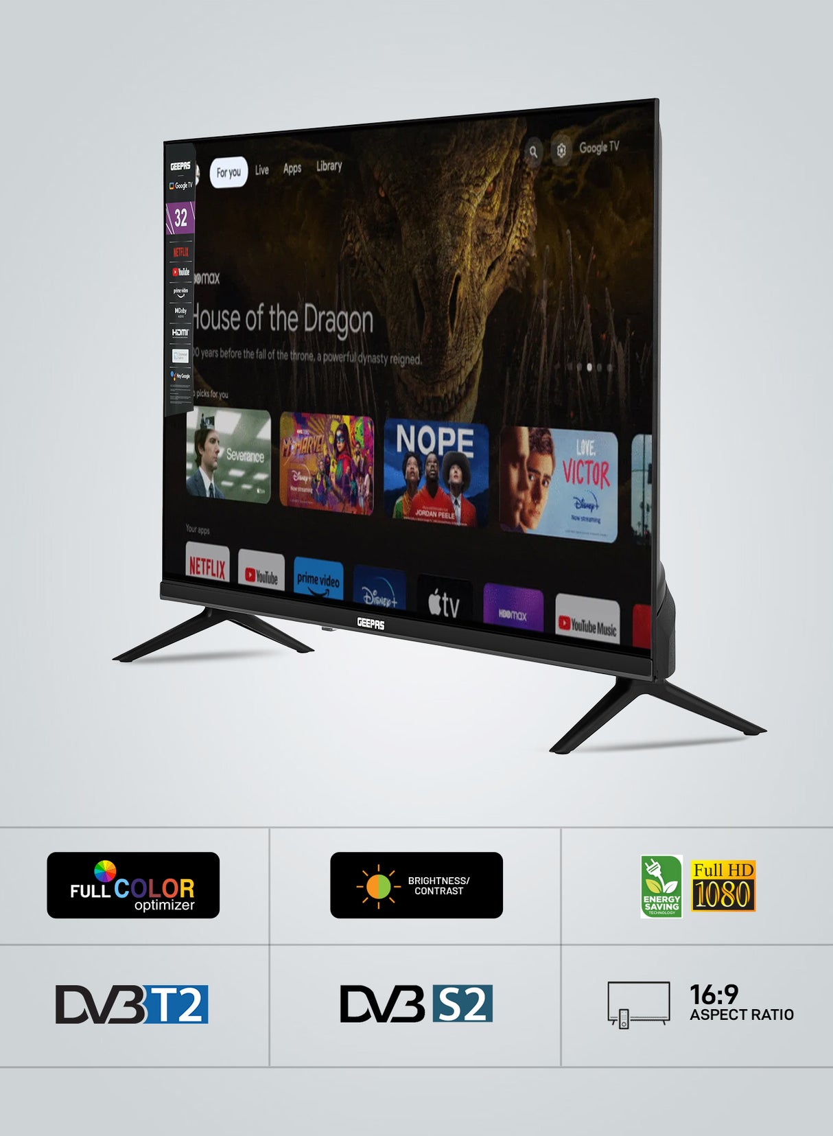 Geepas GLED4314SGXHD 43” Full HD Google TV | Smart LED TV with Chromecast| Dolby Audio| 3 HDMI| 2 USB| Wide Color Enhancer| Slim Design| 178° Viewing Angle| 2x8W Output