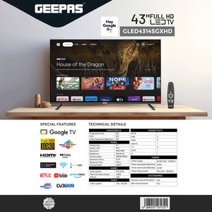 Geepas GLED4314SGXHD 43” Full HD Google TV | Smart LED TV with Chromecast| Dolby Audio| 3 HDMI| 2 USB| Wide Color Enhancer| Slim Design| 178° Viewing Angle| 2x8W Output