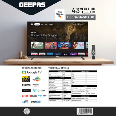 Geepas GLED4314SGXHD 43” Full HD Google TV | Smart LED TV with Chromecast| Dolby Audio| 3 HDMI| 2 USB| Wide Color Enhancer| Slim Design| 178° Viewing Angle| 2x8W Output