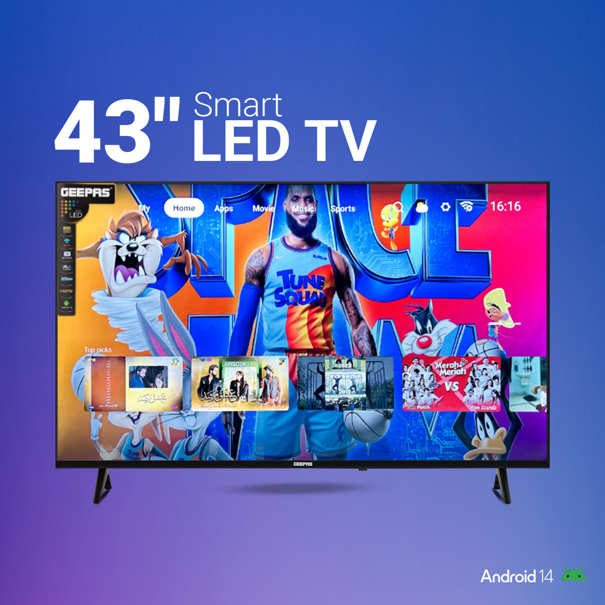 Geepas 43" Full HD LED TV GLED4323TSFHD|Android OS| Frameless Design| Immersive Sound| Smart Features| Screen Sharing| Voice Control| HDMI & USB Ports| Pre-Installed Apps