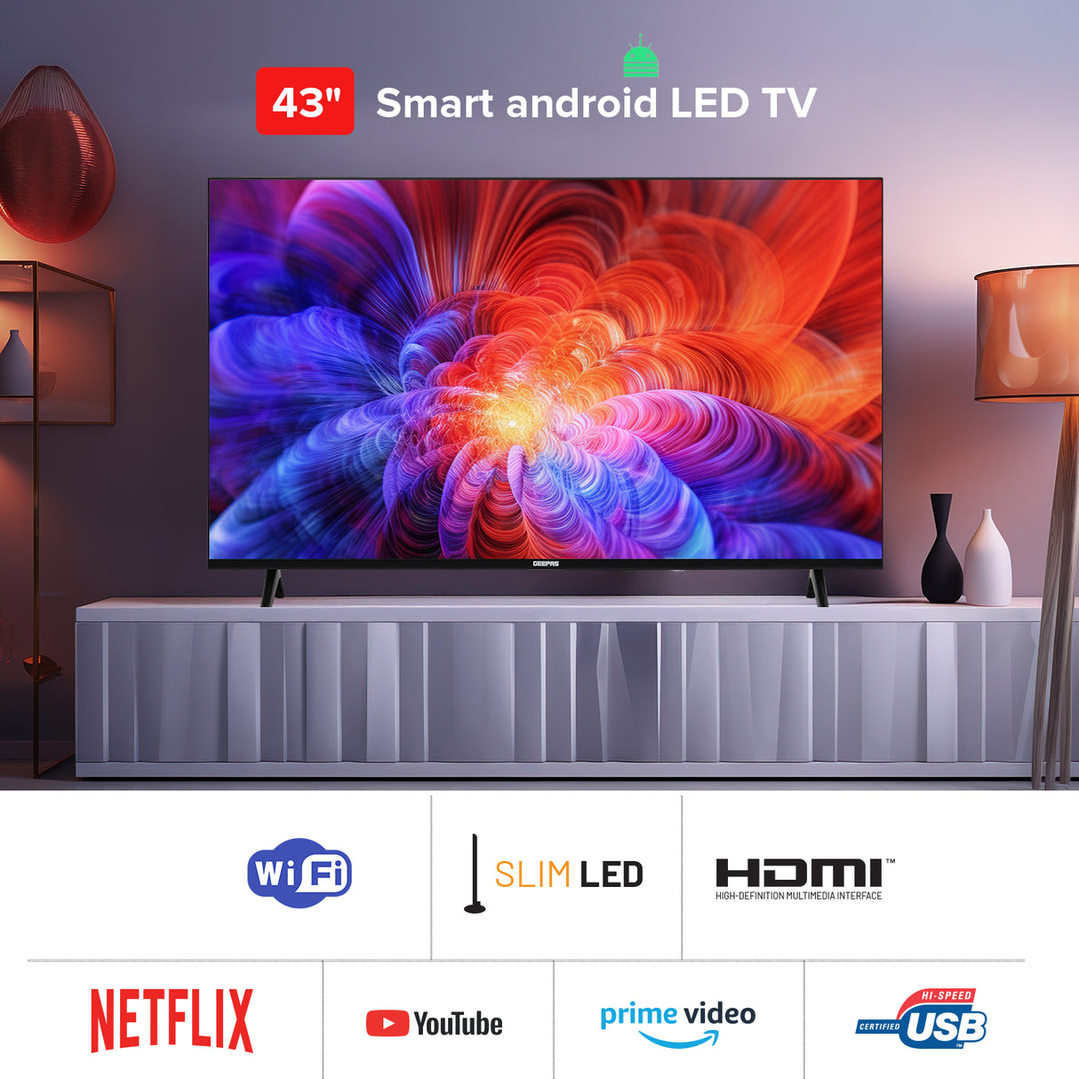 Geepas 43" Full HD LED TV GLED4323TSFHD|Android OS| Frameless Design| Immersive Sound| Smart Features| Screen Sharing| Voice Control| HDMI & USB Ports| Pre-Installed Apps