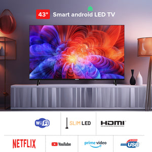 Geepas 43" Full HD LED TV GLED4323TSFHD|Android OS| Frameless Design| Immersive Sound| Smart Features| Screen Sharing| Voice Control| HDMI & USB Ports| Pre-Installed Apps
