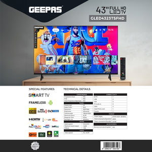 Geepas 43" Full HD LED TV GLED4323TSFHD|Android OS| Frameless Design| Immersive Sound| Smart Features| Screen Sharing| Voice Control| HDMI & USB Ports| Pre-Installed Apps