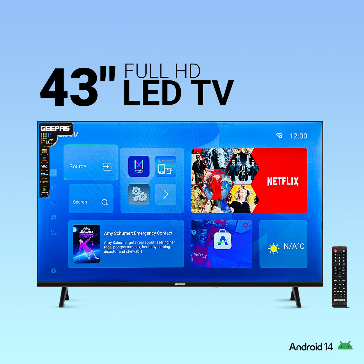 Geepas 43" Full HD Smart LED TV (GLED4324SFHD) with Android 14, HQ sound, frameless design, HDMI/USB ports, AV mode, and remote control.