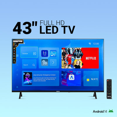 Geepas 43" Full HD Smart LED TV (GLED4324SFHD) with Android 14, HQ sound, frameless design, HDMI/USB ports, AV mode, and remote control.