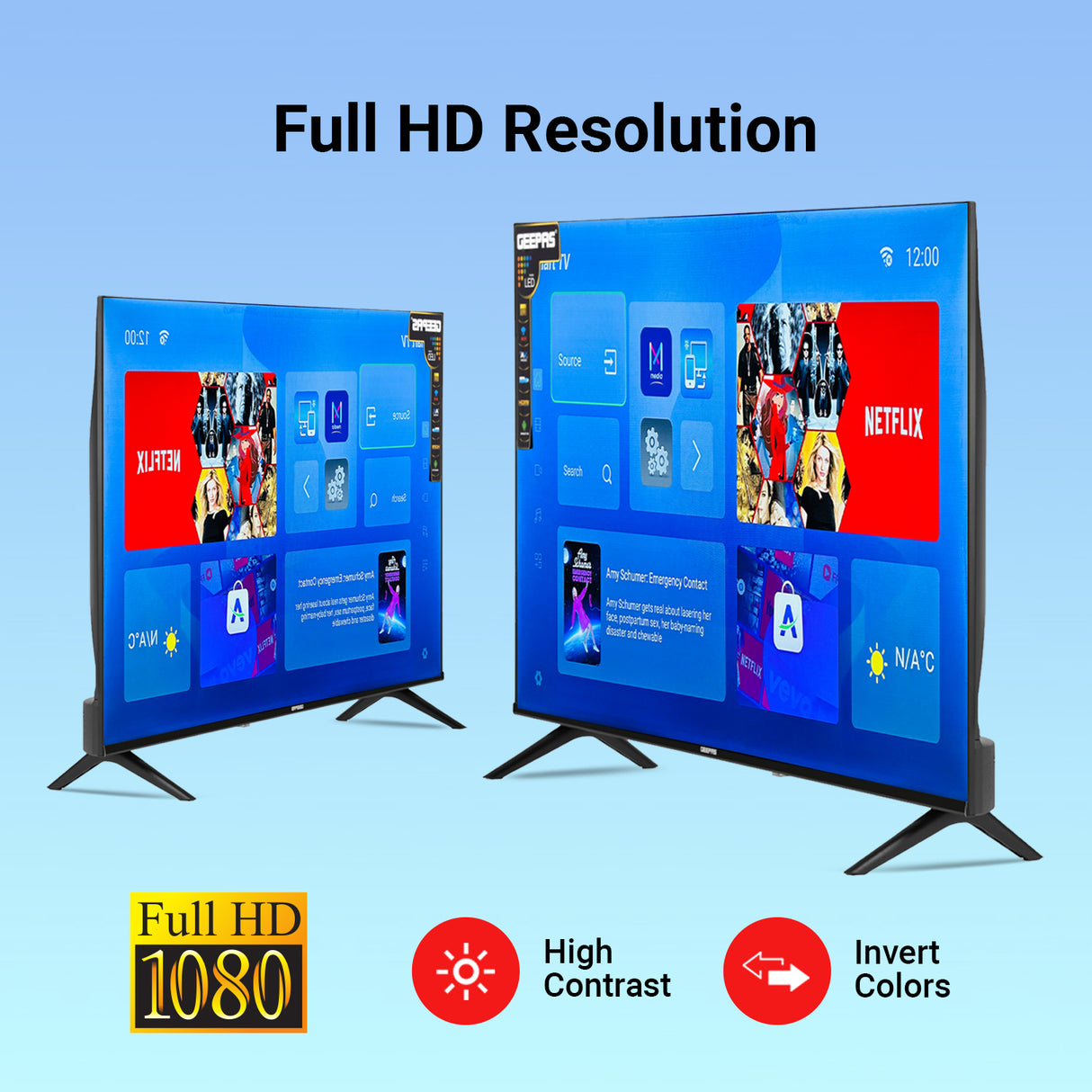 Geepas 43" Full HD Smart LED TV (GLED4324SFHD) with Android 14, HQ sound, frameless design, HDMI/USB ports, AV mode, and remote control.