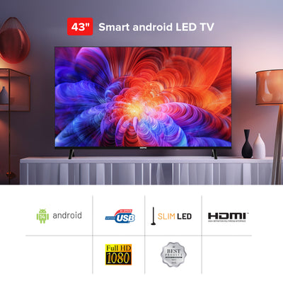 Geepas 43" Full HD Smart LED TV (GLED4324SFHD) with Android 14, HQ sound, frameless design, HDMI/USB ports, AV mode, and remote control.