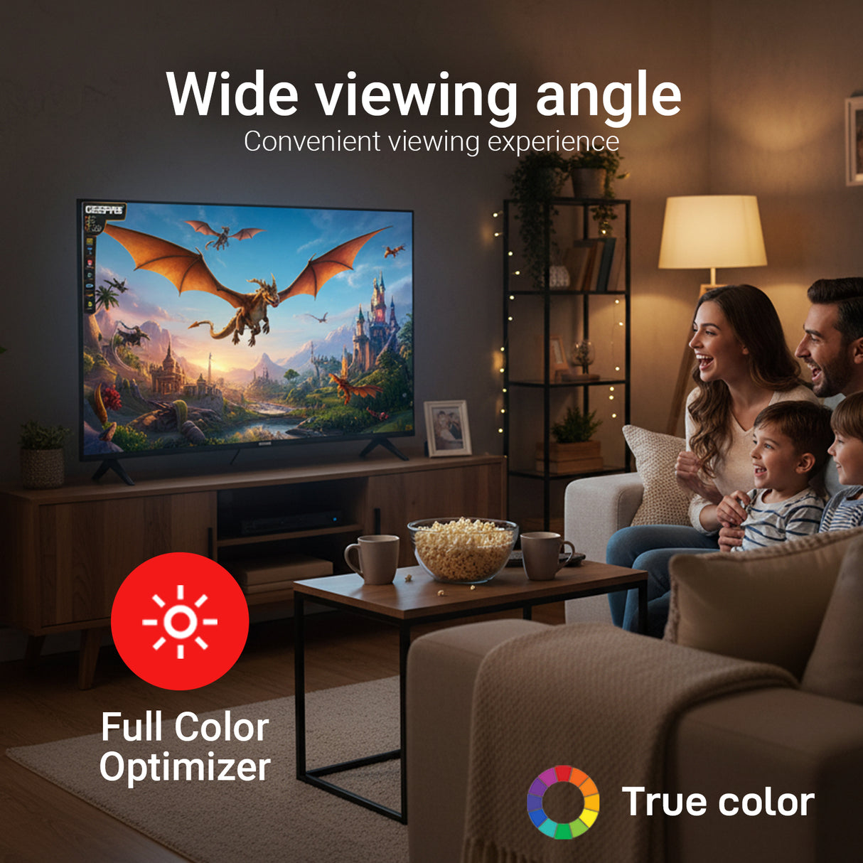 Geepas 43" Full HD Smart LED TV (GLED4324SFHD) with Android 14, HQ sound, frameless design, HDMI/USB ports, AV mode, and remote control.