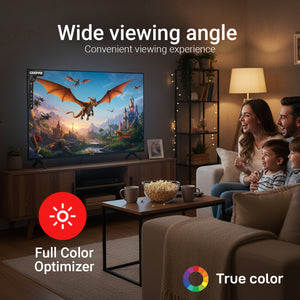 Geepas 43" Full HD Smart LED TV (GLED4324SFHD) with Android 14, HQ sound, frameless design, HDMI/USB ports, AV mode, and remote control.