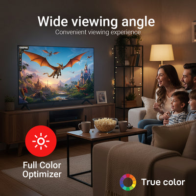 Geepas 43" Full HD Smart LED TV (GLED4324SFHD) with Android 14, HQ sound, frameless design, HDMI/USB ports, AV mode, and remote control.