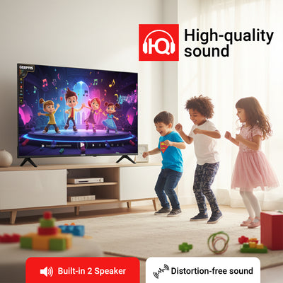 Geepas 43" Full HD Smart LED TV (GLED4324SFHD) with Android 14, HQ sound, frameless design, HDMI/USB ports, AV mode, and remote control.