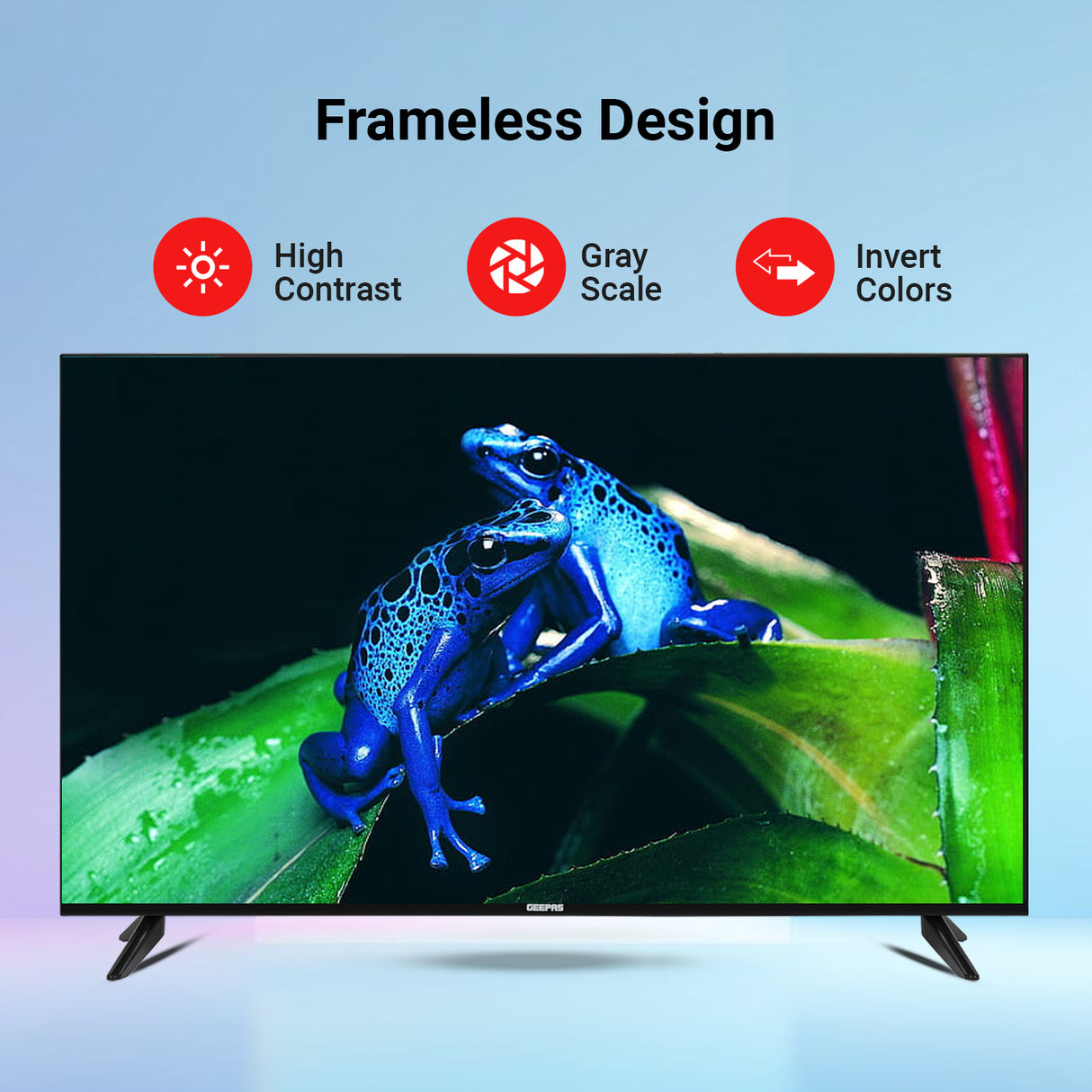 Geepas 43" Full HD Smart LED TV (GLED4324SFHD) with Android 14, HQ sound, frameless design, HDMI/USB ports, AV mode, and remote control.