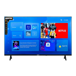 Geepas 43" Full HD Smart LED TV (GLED4324SFHD) with Android 14, HQ sound, frameless design, HDMI/USB ports, AV mode, and remote control.