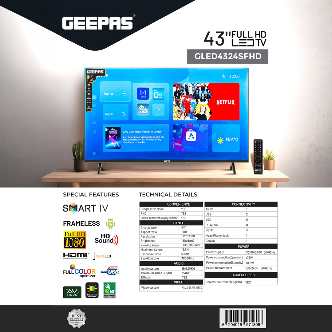 Geepas 43" Full HD Smart LED TV (GLED4324SFHD) with Android 14, HQ sound, frameless design, HDMI/USB ports, AV mode, and remote control.