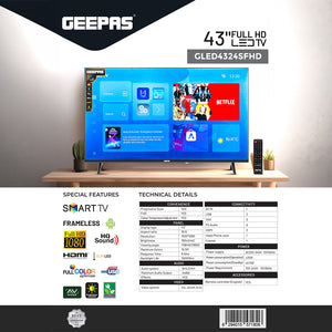 Geepas 43" Full HD Smart LED TV (GLED4324SFHD) with Android 14, HQ sound, frameless design, HDMI/USB ports, AV mode, and remote control.