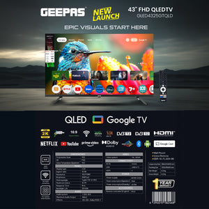 Geepas 43 Inch FHD QLED Google TV GLED4325GTQLD | Dolby Audio | Google TV OS | Built-in Wi-Fi & Bluetooth | HDMI & USB Connectivity | Voice Control | 1 Year warranty