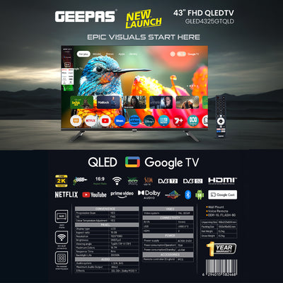 Geepas 43 Inch FHD QLED Google TV GLED4325GTQLD | Dolby Audio | Google TV OS | Built-in Wi-Fi & Bluetooth | HDMI & USB Connectivity | Voice Control | 1 Year warranty