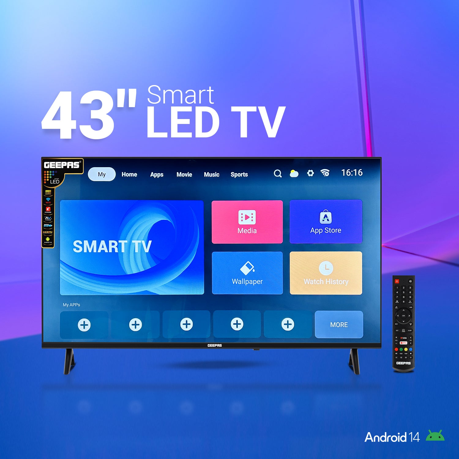 Geepas GLED4328SXHD 43-Inch Full HD Smart LED TV