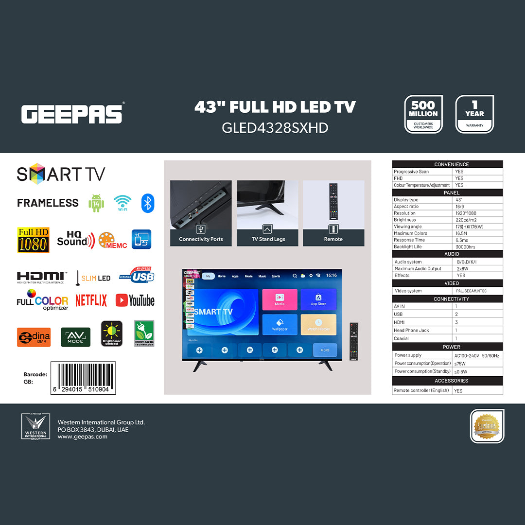 Geepas GLED4328SXHD 43-Inch Full HD Smart LED TV | Frameless Design| HDMI & USB Connectivity| HQ Sound| Android OS| 178° Viewing Angle| Slim LED| 2x8W Audio Output