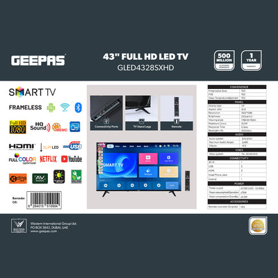 Geepas GLED4328SXHD 43-Inch Full HD Smart LED TV | Frameless Design| HDMI & USB Connectivity| HQ Sound| Android OS| 178° Viewing Angle| Slim LED| 2x8W Audio Output