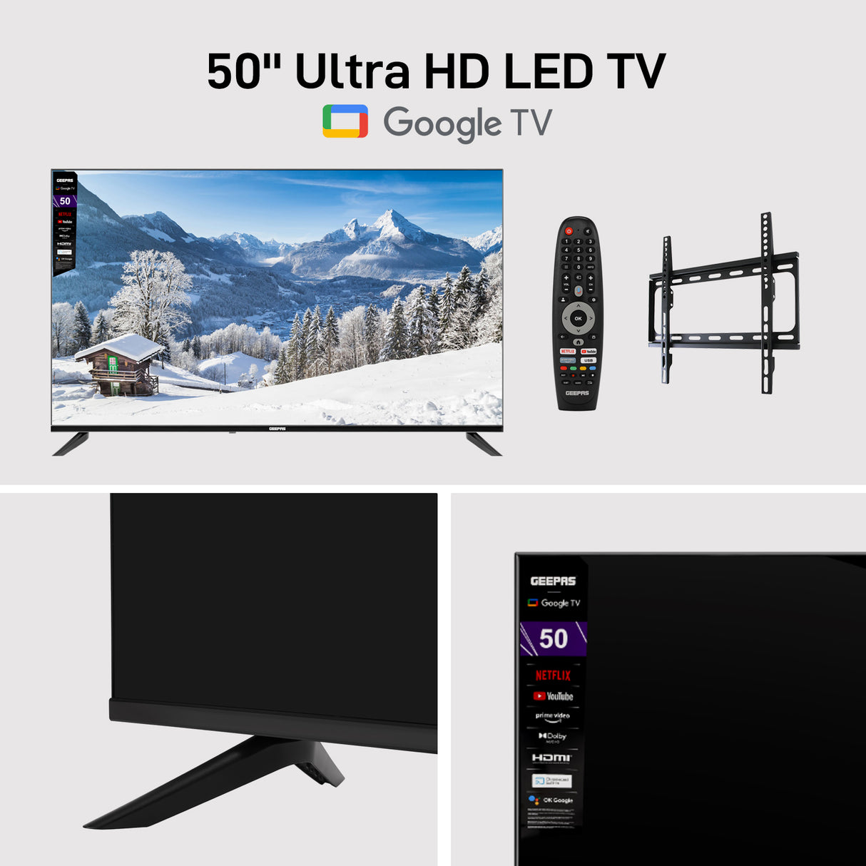 Geepas GLED5006SGXHD 50-Inch Ultra HD 4K Google Smart LED TV | Android OS, Dolby Audio| Voice Remote| HDR10 Display| Wi-Fi| HDMI & USB Connectivity| Slim Bezel Design