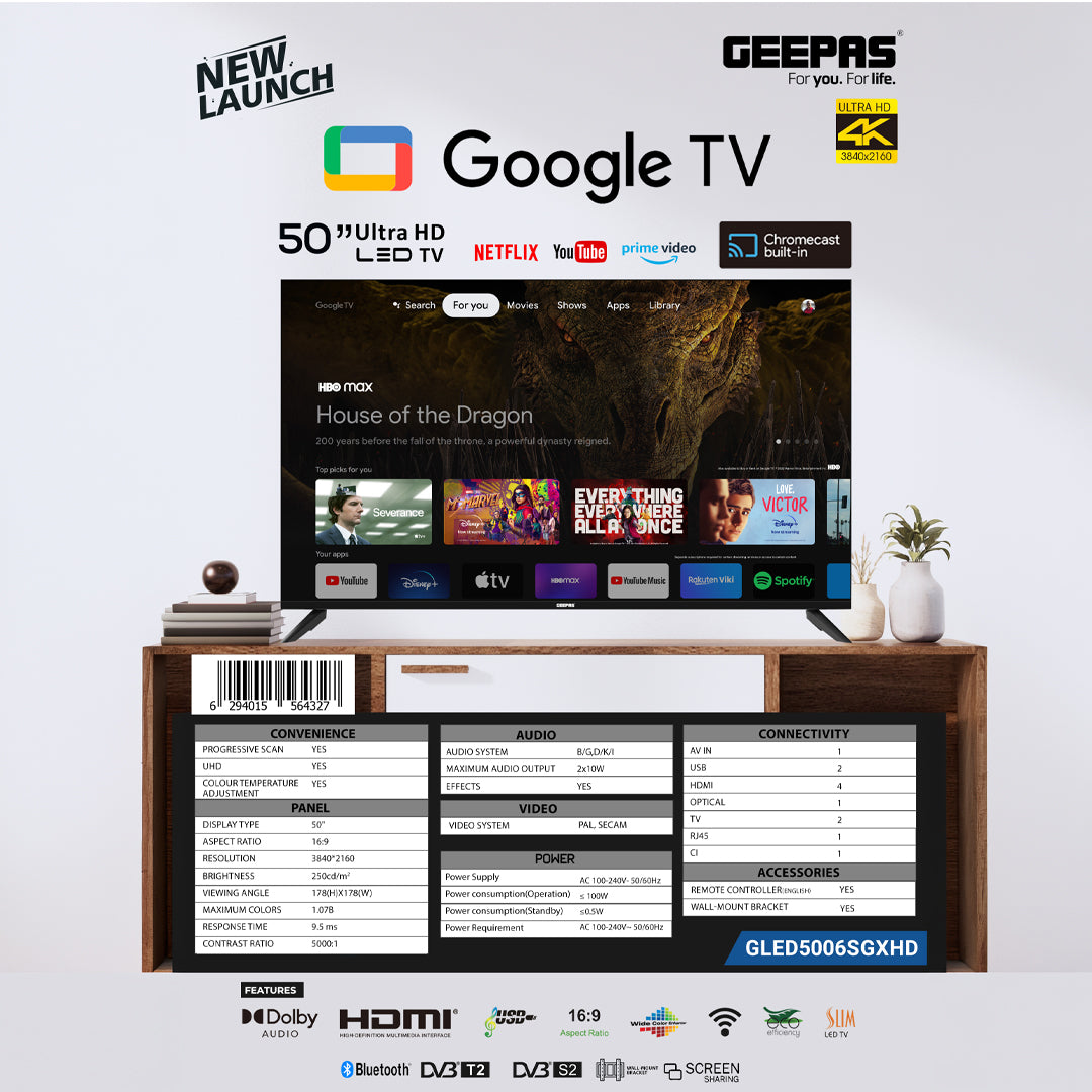 Geepas GLED5006SGXHD 50-Inch Ultra HD 4K Google Smart LED TV | Android OS, Dolby Audio| Voice Remote| HDR10 Display| Wi-Fi| HDMI & USB Connectivity| Slim Bezel Design