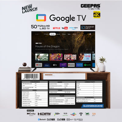 Geepas GLED5006SGXHD 50-Inch Ultra HD 4K Google Smart LED TV | Android OS, Dolby Audio| Voice Remote| HDR10 Display| Wi-Fi| HDMI & USB Connectivity| Slim Bezel Design