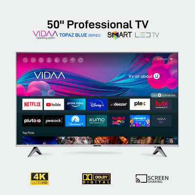 Geepas GLED5009SVUHD 50” 4K UHD Smart LED TV| Frameless Design| VIDAA OS| Dolby Digital Audio|3 HDMI| USB| Bluetooth| Screen Sharing| Built-in Receiver| Mat Silver Finish