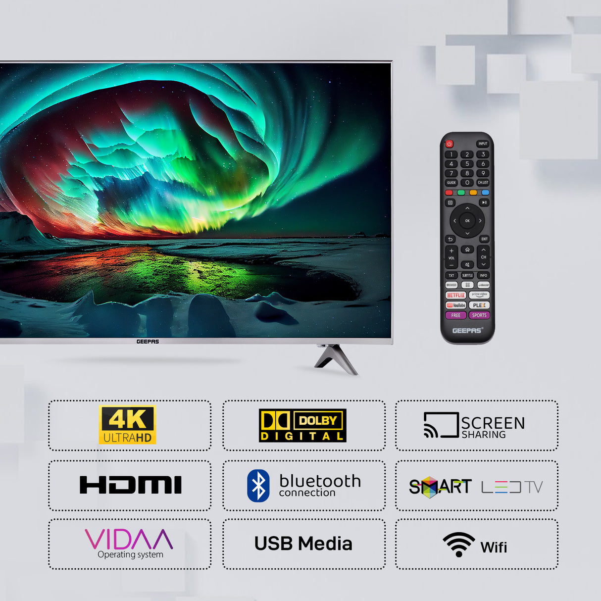 Geepas GLED5009SVUHD 50” 4K UHD Smart LED TV| Frameless Design| VIDAA OS| Dolby Digital Audio|3 HDMI| USB| Bluetooth| Screen Sharing| Built-in Receiver| Mat Silver Finish