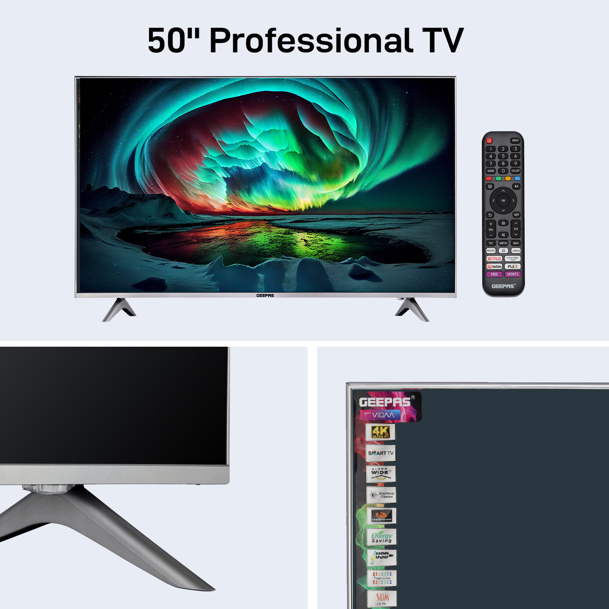 Geepas GLED5009SVUHD 50” 4K UHD Smart LED TV| Frameless Design| VIDAA OS| Dolby Digital Audio|3 HDMI| USB| Bluetooth| Screen Sharing| Built-in Receiver| Mat Silver Finish