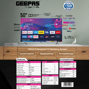 Geepas GLED5009SVUHD 50” 4K UHD Smart LED TV| Frameless Design| VIDAA OS| Dolby Digital Audio|3 HDMI| USB| Bluetooth| Screen Sharing| Built-in Receiver| Mat Silver Finish