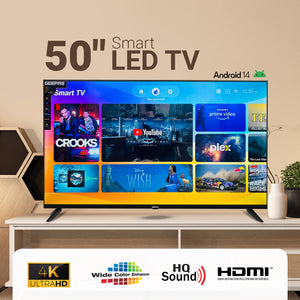 Geepas GLED5023SXUHD 50 Inch Ultra HD Smart LED TV | 4K UHD Display| Frameless Slim Design| HDR, HDMI & USB Connectivity| Smart Apps| HQ Sound | 2x8W Audio Output