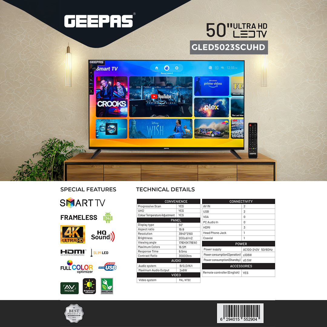 Geepas GLED5023SXUHD 50 Inch Ultra HD Smart LED TV | 4K UHD Display| Frameless Slim Design| HDR, HDMI & USB Connectivity| Smart Apps| HQ Sound | 2x8W Audio Output