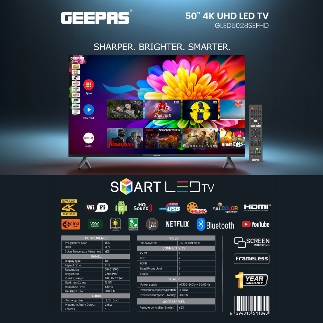 Geepas GLED5028SEFHD 50-Inch Full HD Smart LED TV | Android 9.0 OS | Borderless Design | Built-in Wi-Fi, HDMI & USB Ports | 1GB RAM | Sense of Sound | 1-Year Warranty