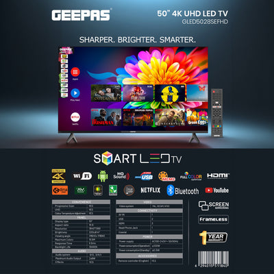Geepas GLED5028SEFHD 50-Inch Full HD Smart LED TV | Android 9.0 OS | Borderless Design | Built-in Wi-Fi, HDMI & USB Ports | 1GB RAM | Sense of Sound | 1-Year Warranty