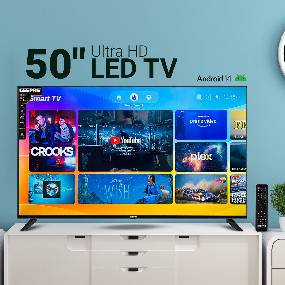 Geepas 50" Ultra HD LED TV- GLED5029TSUHD/ Smart Design| Frameless| Android 14| HDMI and USB Ports/ Full Color Optimizer| Brightness Contrast| Energy Saving Technology