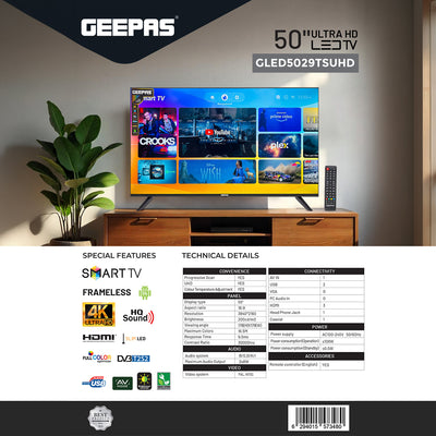 Geepas 50" Ultra HD LED TV- GLED5029TSUHD/ Smart Design| Frameless| Android 14| HDMI and USB Ports/ Full Color Optimizer| Brightness Contrast| Energy Saving Technology