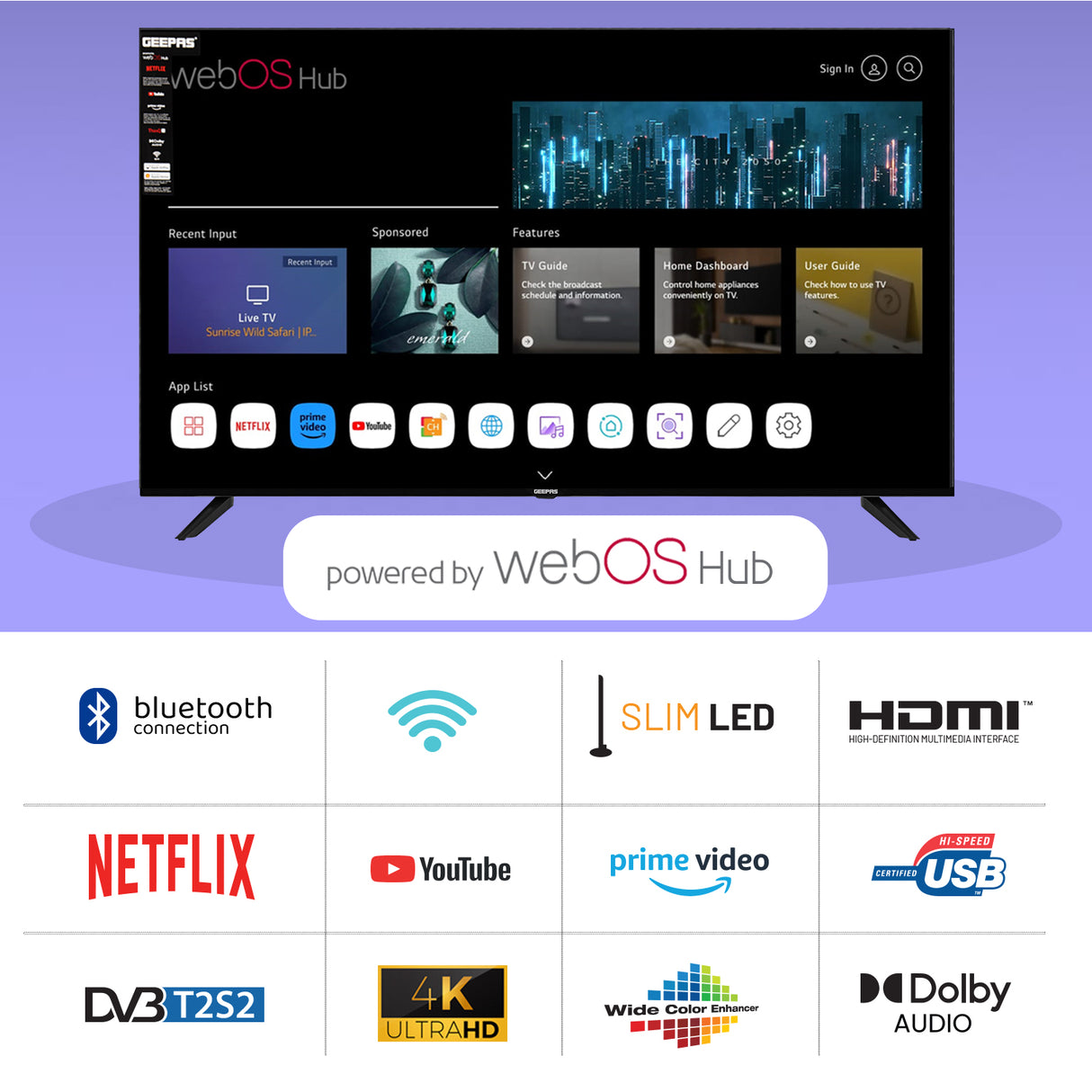 Geepas GLED5040TSUHD 50-Inch Ultra HD 4K Smart LED TV | WebOS Hub|  Frameless Design|  HDMI & USB Connectivity| Dolby HQ Sound|  Full Color Optimizer|  Apple AirPlay