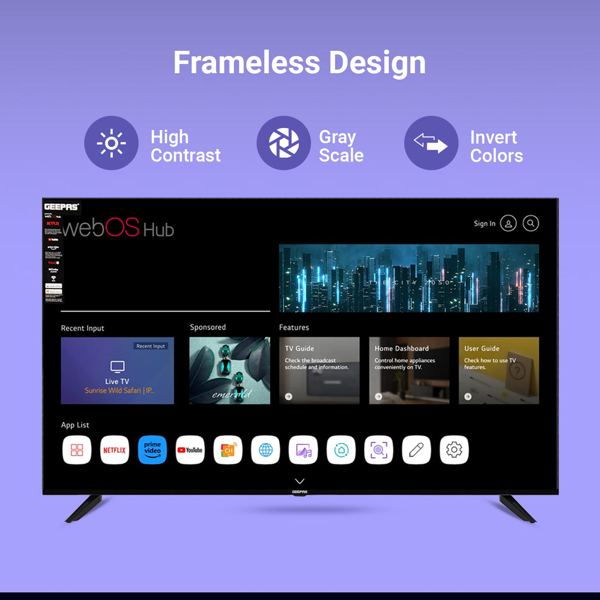 Geepas GLED5040TSUHD 50-Inch Ultra HD 4K Smart LED TV | WebOS Hub|  Frameless Design|  HDMI & USB Connectivity| Dolby HQ Sound|  Full Color Optimizer|  Apple AirPlay