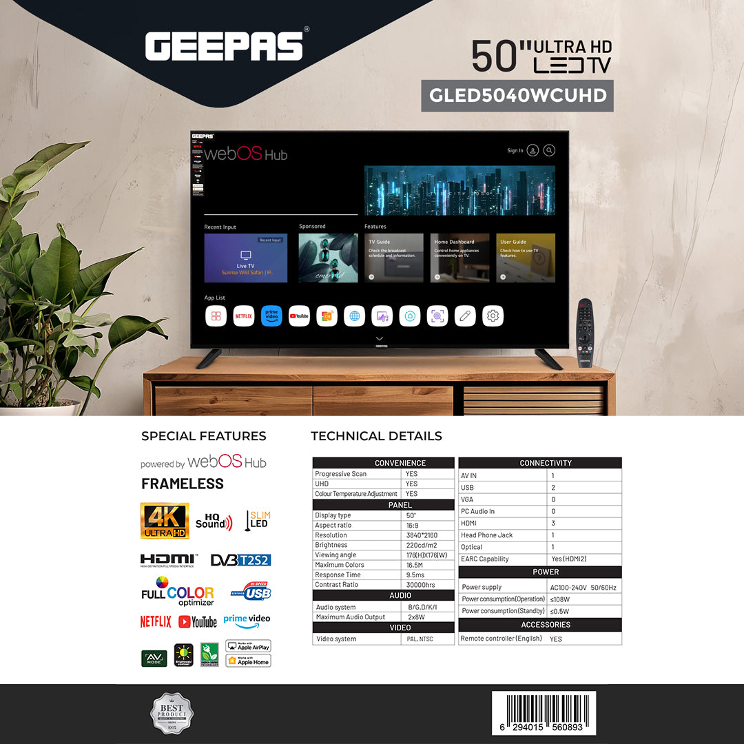 Geepas GLED5040TSUHD 50-Inch Ultra HD 4K Smart LED TV | WebOS Hub|  Frameless Design|  HDMI & USB Connectivity| Dolby HQ Sound|  Full Color Optimizer|  Apple AirPlay