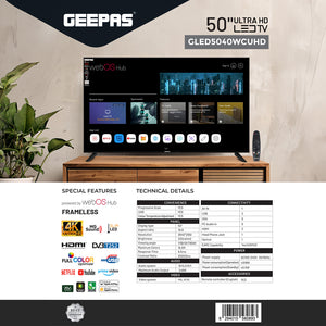 Geepas GLED5040TSUHD 50-Inch Ultra HD 4K Smart LED TV | WebOS Hub|  Frameless Design|  HDMI & USB Connectivity| Dolby HQ Sound|  Full Color Optimizer|  Apple AirPlay