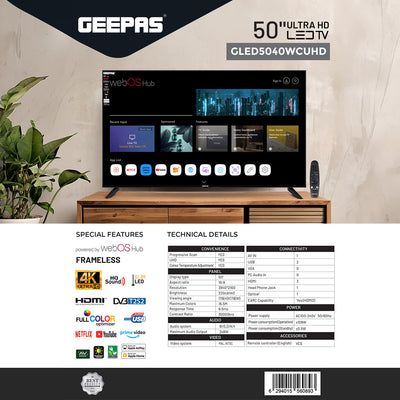 Geepas GLED5040TSUHD 50-Inch Ultra HD 4K Smart LED TV | WebOS Hub|  Frameless Design|  HDMI & USB Connectivity| Dolby HQ Sound|  Full Color Optimizer|  Apple AirPlay