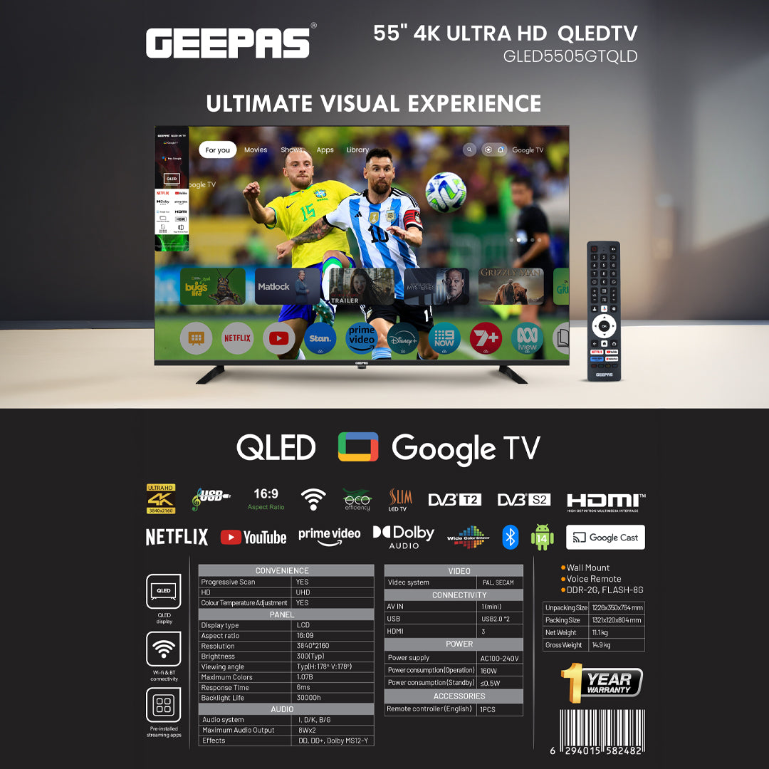 Geepas GLED5505GTQLD 55 Inch 4K Ultra HD QLED Smart Google TV |   Dolby Audio |  Built-in Chromecast |  3840x2160 Resolution |  HDMI & USB Ports |  Voice Remote