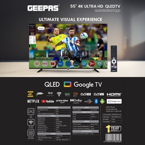 Geepas GLED5505GTQLD 55 Inch 4K Ultra HD QLED Smart Google TV |   Dolby Audio |  Built-in Chromecast |  3840x2160 Resolution |  HDMI & USB Ports |  Voice Remote