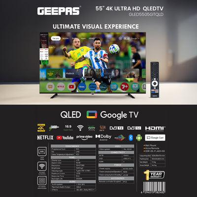 Geepas GLED5505GTQLD 55 Inch 4K Ultra HD QLED Smart Google TV |   Dolby Audio |  Built-in Chromecast |  3840x2160 Resolution |  HDMI & USB Ports |  Voice Remote